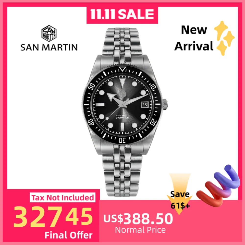 

San Martin 40mm 9015 Gradient JianZhan Dial Men Dive Watch 3H Date New 5-Link Bracelet On The Fly Clasp BGW-X1 20Bar SN0148