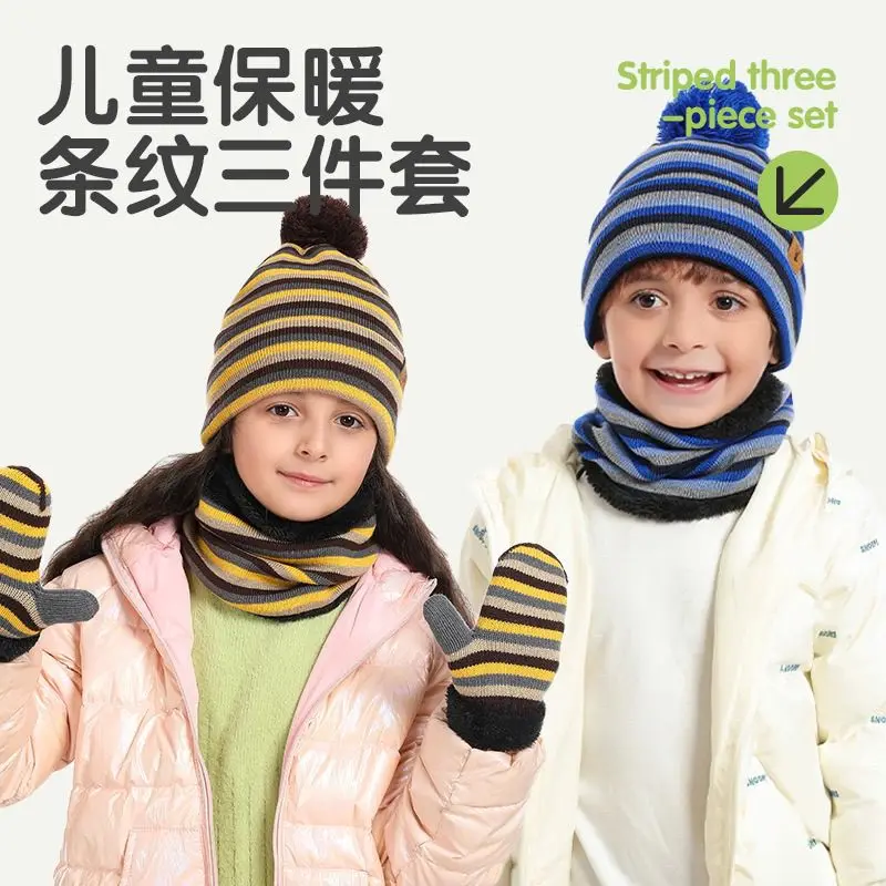 autumn-and-winter-children's-hat-scarf-gloves-three-piece-set-striped-warm-yarn-set