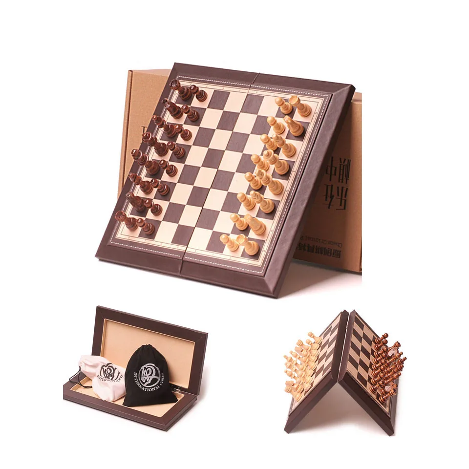 Chess Set Game of International Chess Folding Leather Feeling Chessboard Wood Chess Pieces Chessman Board Game