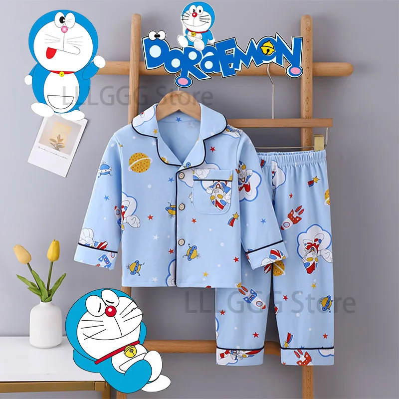 Doraemon Kawaii Nightwear Set Spring Fall Children Pajamas Cute Long Sleeve Pants Pajama Set Loose Homewear Casual Service Suit