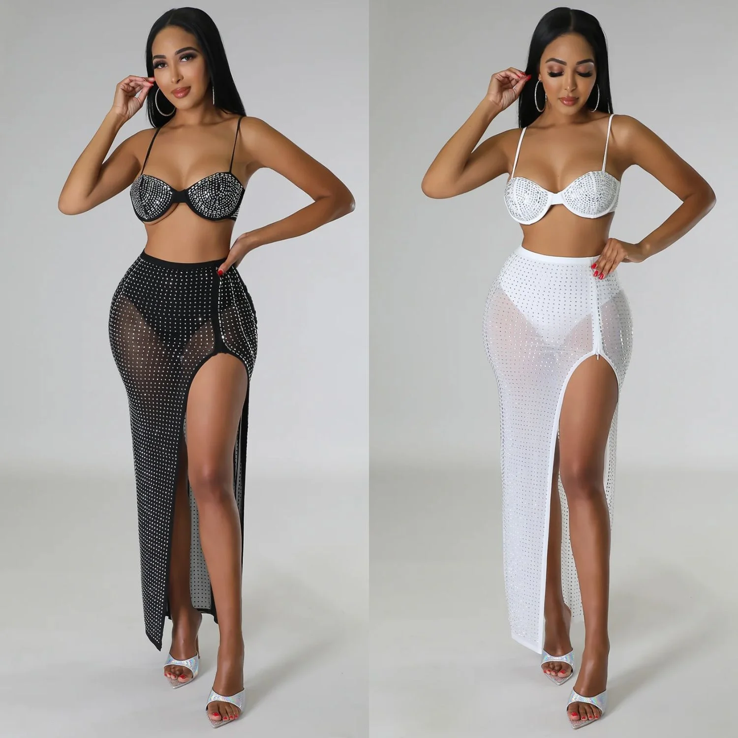 

Sexy Me Sequin Nightclub Skirt Women's Faion Set New Arrival Summer 2023 OS6878 Cross-Border Midlife Tee-Piece Suit