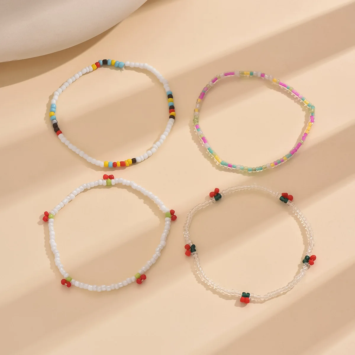 4 Stks/set Boho Kleurrijke Glazen Rijst Kralen Elastische Enkelbanden Vrouwen Zomer Strand Cherry Handgemaakte Enkelband Armband Op Been Voet Sieraden