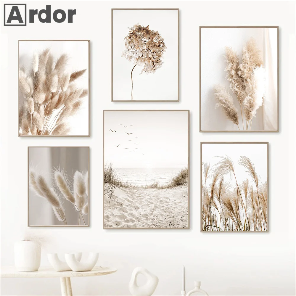 Reed Pampas Grass Dandelion Flower Canvas Painting Beige Landscape Art Prints Boho Poster Nordic Wall Pictures Living Room Decor