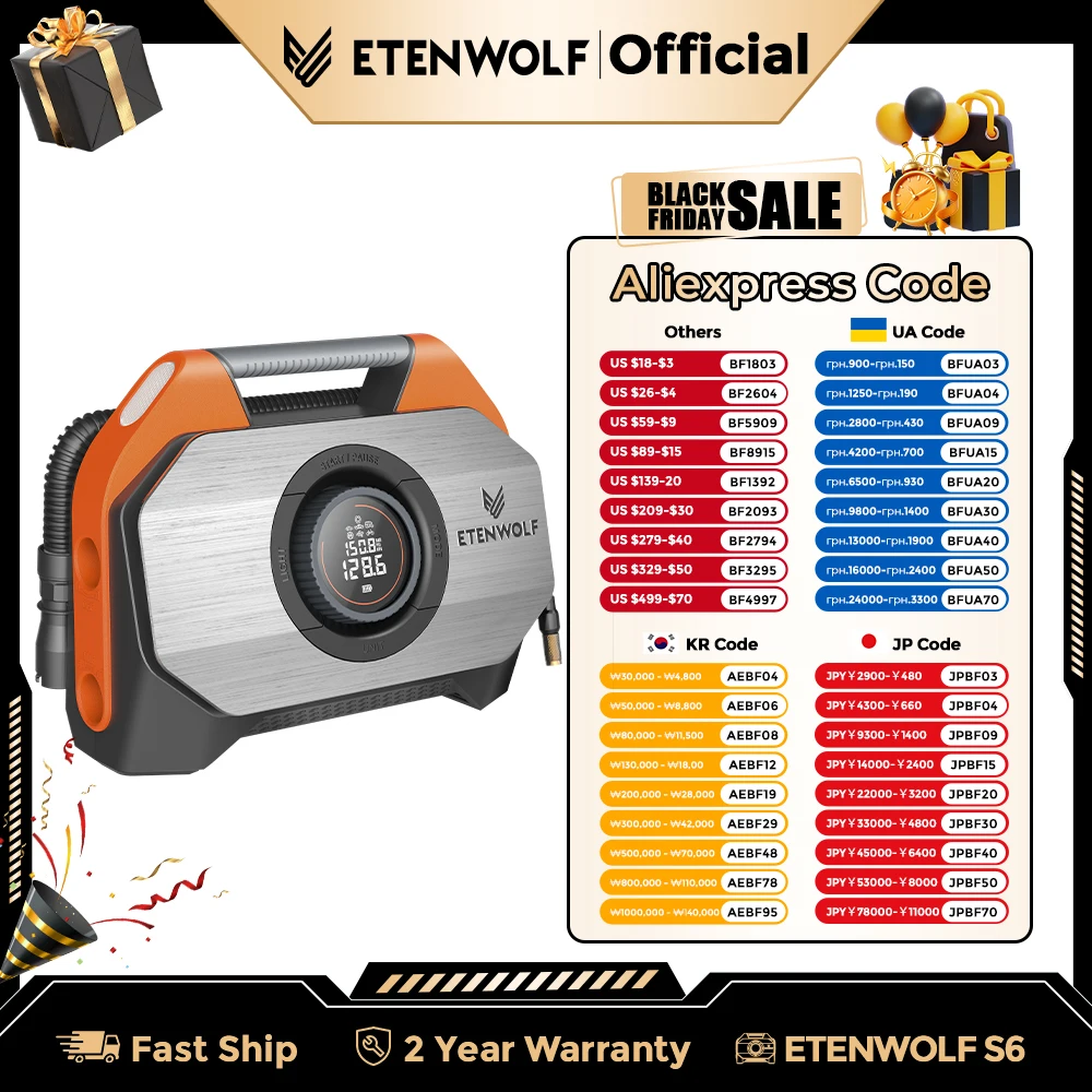 

ETENWOLF VORTEX S6 Portable Air Compressor 100% Duty Cycle & Dual Cylinder 19200 mAh Car Tire Inflator Bicycle pump Air pump