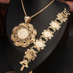 French Vintage Coin Bracelet Dubai Ladies Necklace Slide Chain Arabian Ladies Robe Jewelry Set Algerian Gold Plated Pendant