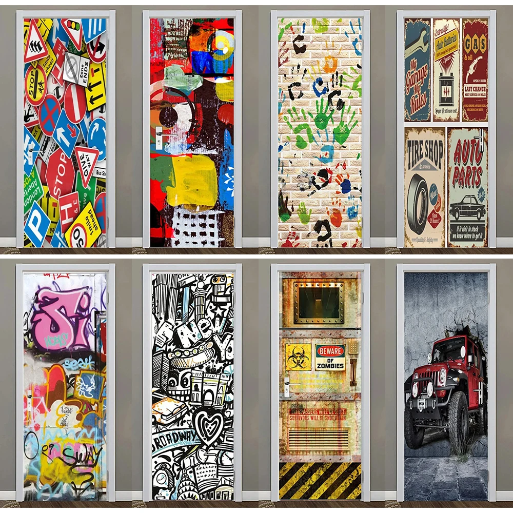 

American Style Graffiti Door Wrap Sticker Peel and Stick Retro Hip Hop Street Graffiti Painting Decorative Door Art Mural Decals