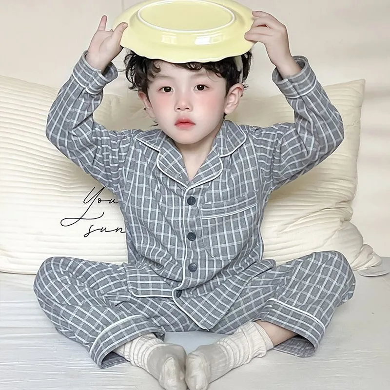 Winter Flannel Collared Plaid Sleepwear Set for Boys Girls Tween Boys Girls Long Sleeve Pajamas Unisex Casual Checkered Bedwear