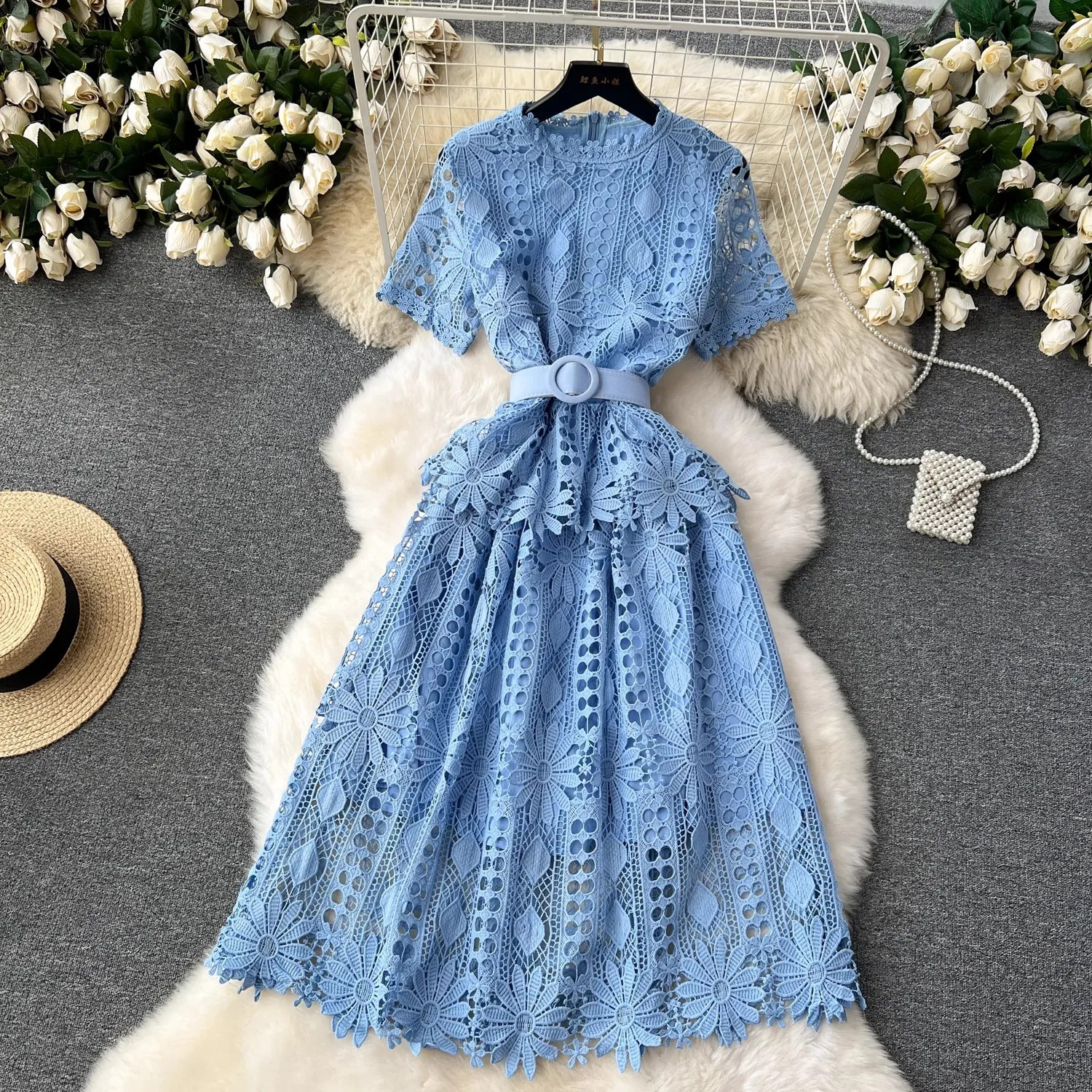 Runway Crochet Hollow Out Pink Midi Lace Dress for Women 2024 Summer Short Sleeve Embroidery Party Dress Elegant Holiday Robe