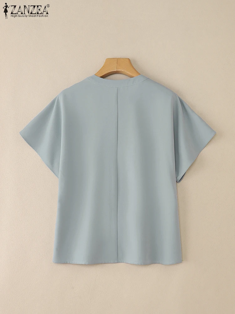 2025年 エレガント オフィスシャツ ZANZEA サマーブラウス レディース Vネック カジュアル 半袖 チュニック トップス おしゃれ 無地 ワーク OL ブラウス