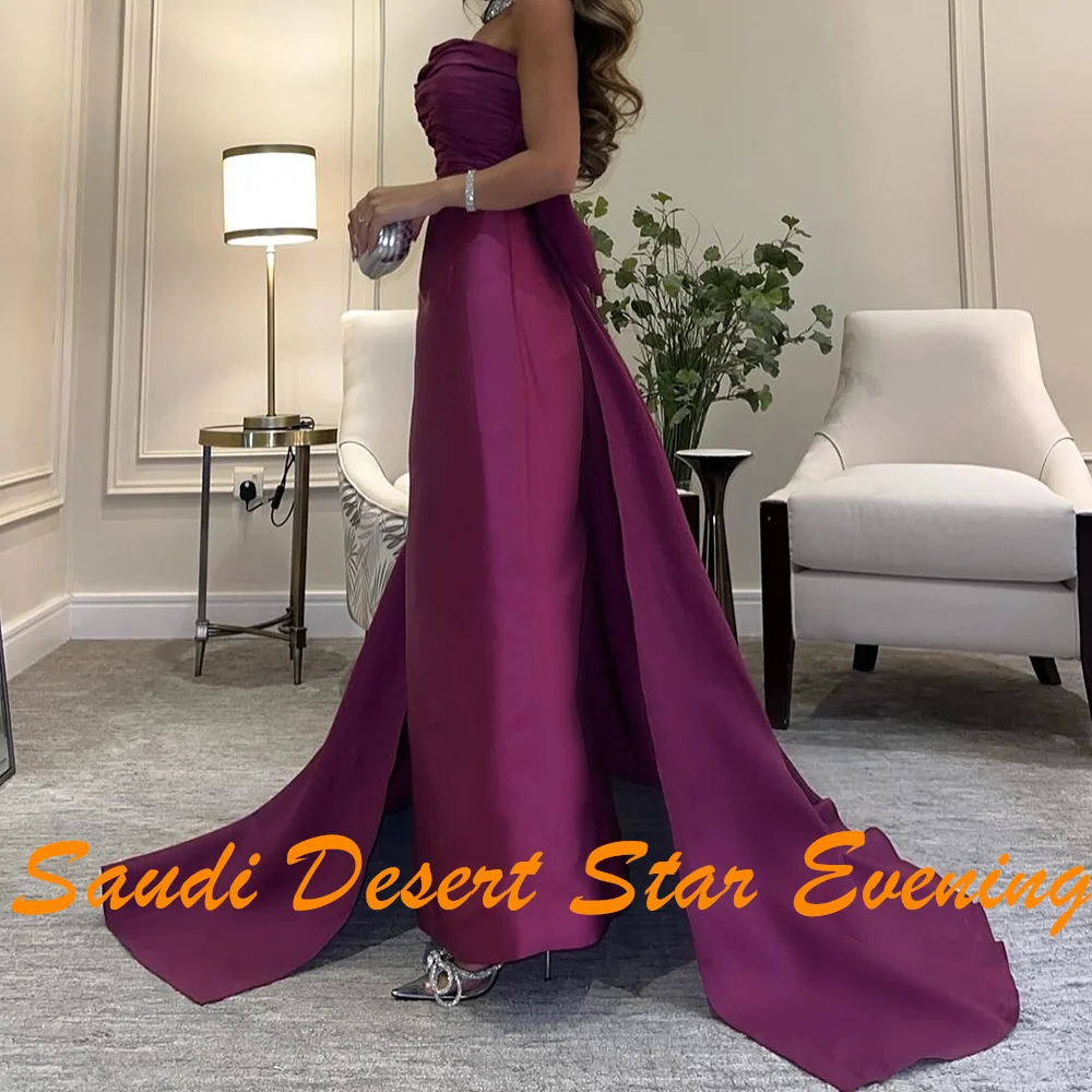 Graceful Panel Train Pleats Bow Evening Dresses Temperament Straight Strapless Satin Purple Party Gowns vestidos de fiesta