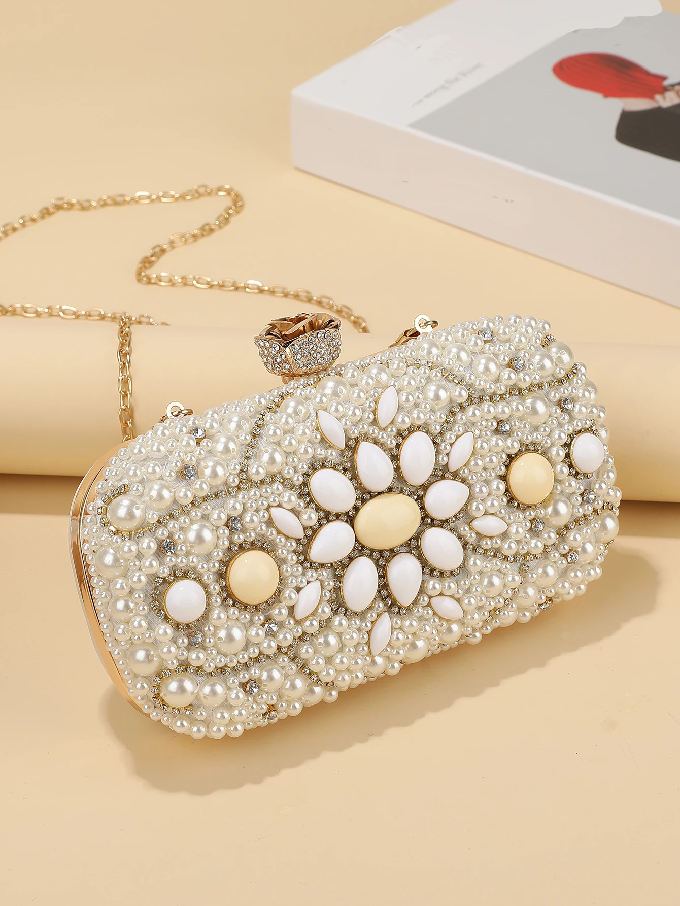 Fashion Beauty Pearl Bride Bag Luxury Chain Crystal Women Evening Bags Elegant All-match Diamond  Buckle Double-sided Beads Purs