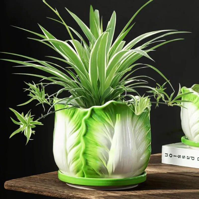 Creative Porcelain Chinese Cabbage Flowerpot Large Caliber Bonsai Vase Indoor Plant Pot with A Hole Gardening Planter Home Decor
