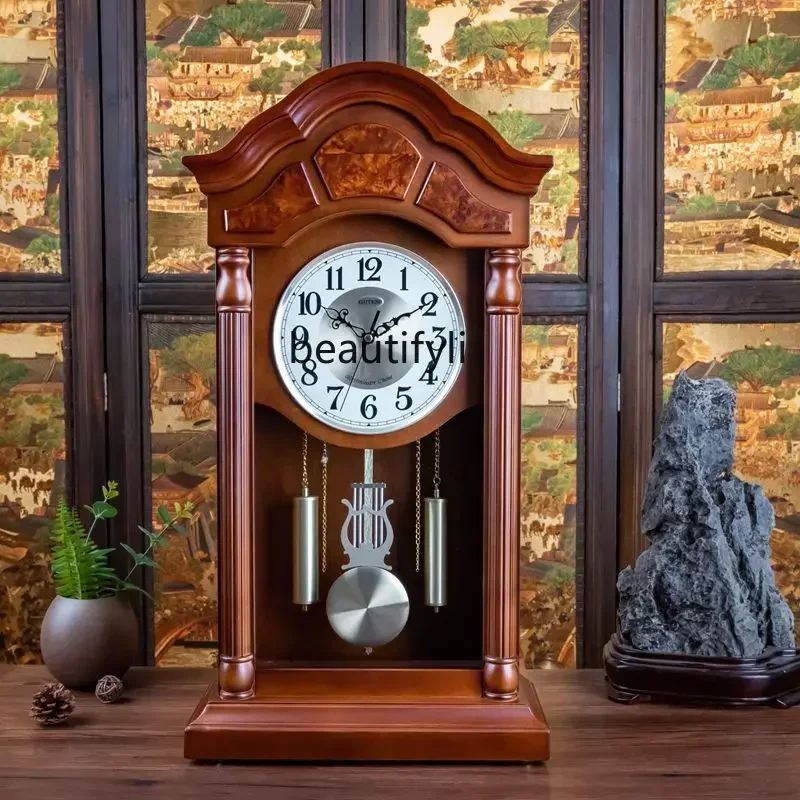 

Solid wood, hour pendulum clock, silent Chinese table clock in living room, European retro large quartz clock
