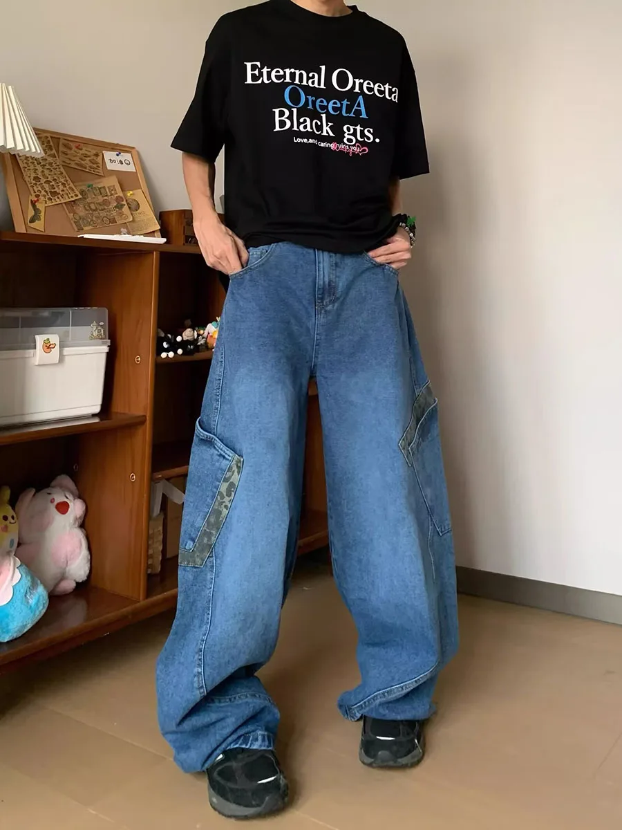 

Мужские джинсы большого размера в американском стиле, свободные, винтажные, с широкими штанинами, длиной в пол, с большими карманами и вставками