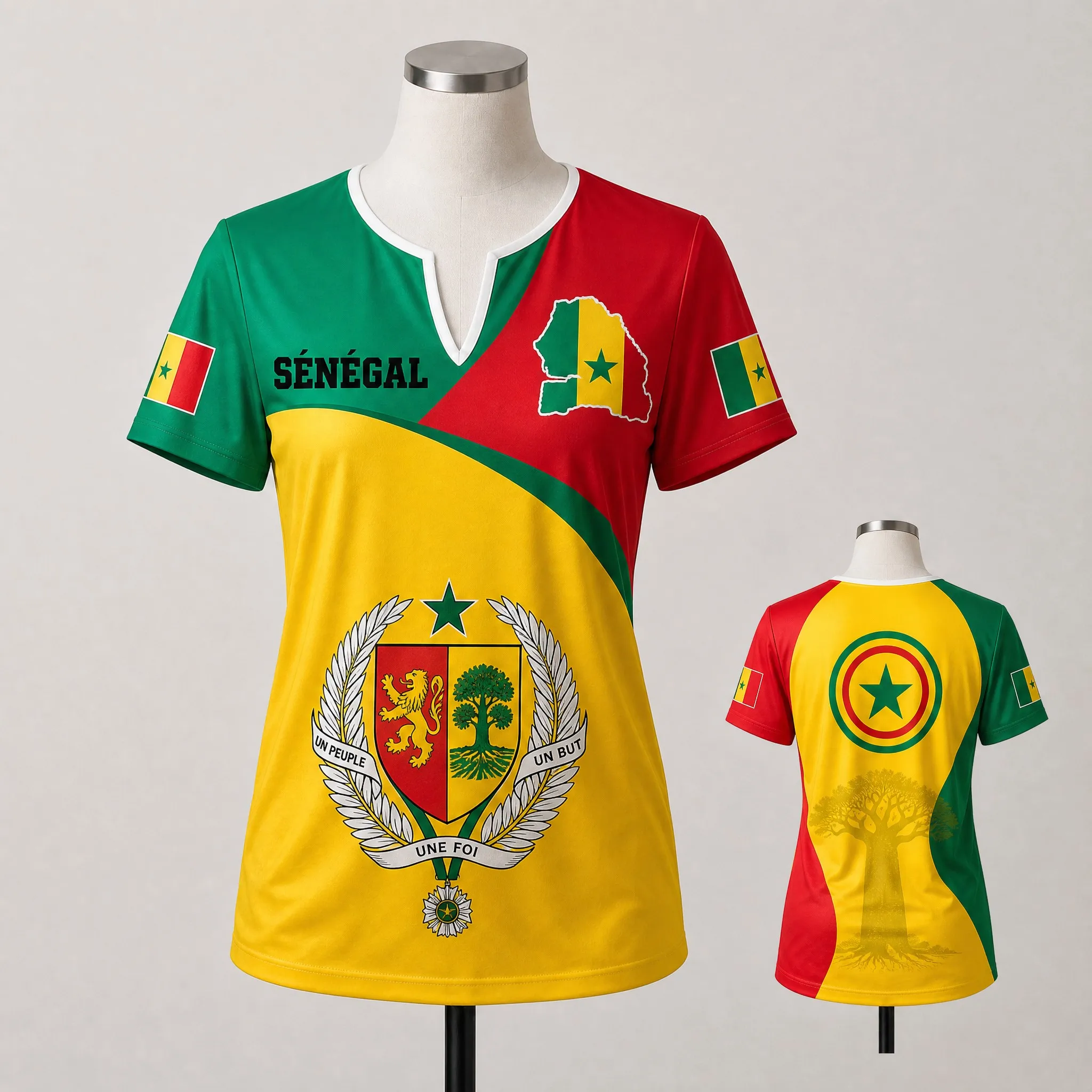 Womens Senegal Small V Neck T Shirt Red Green Yellow Crest Tree Star Print Casual Summer Short Sleeve Top Heritage Daily Wear Go
