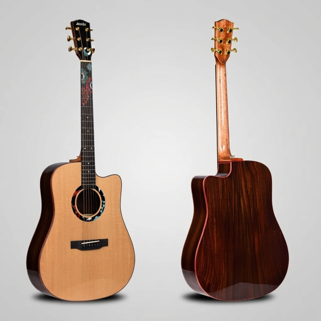 Dreadnought Cutaway Acoustic Guitar Natural Gloss Top Dark Back Gear Inlay Gold Tuners 6 Strings for Beginners, Daily Practice