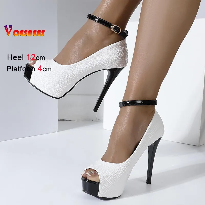 

New Super High Heels Women Pumps One Word Buckle Strap Color Blocked Single Shoes Stiletto Peep-toe Sandals Nightclub Lady Shoes