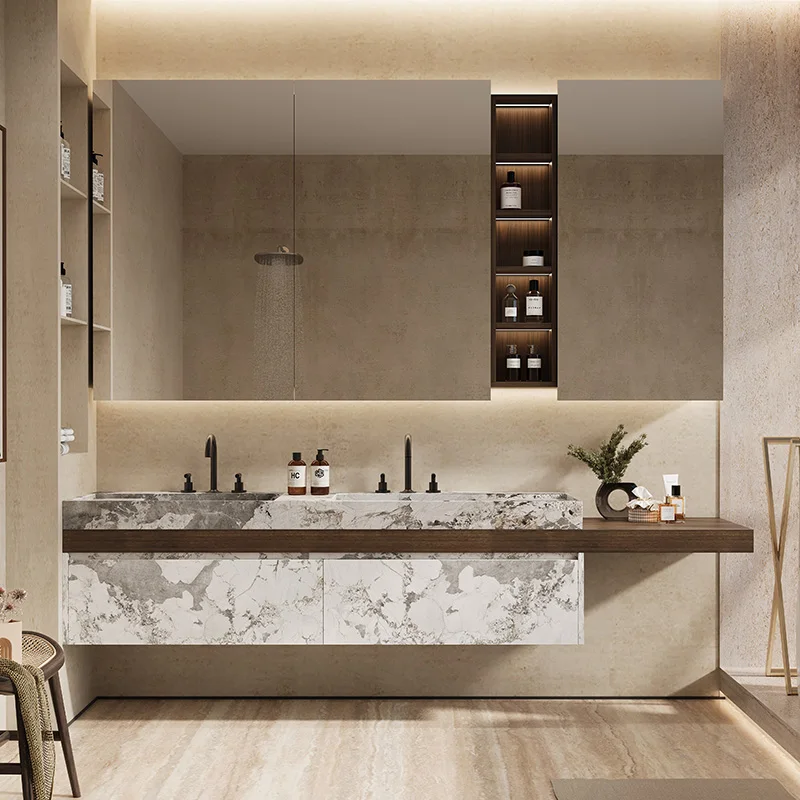 

New rock slab integrated basin Italian minimalist wind heightening multi-functional mirror cabinet bathroom cabinet