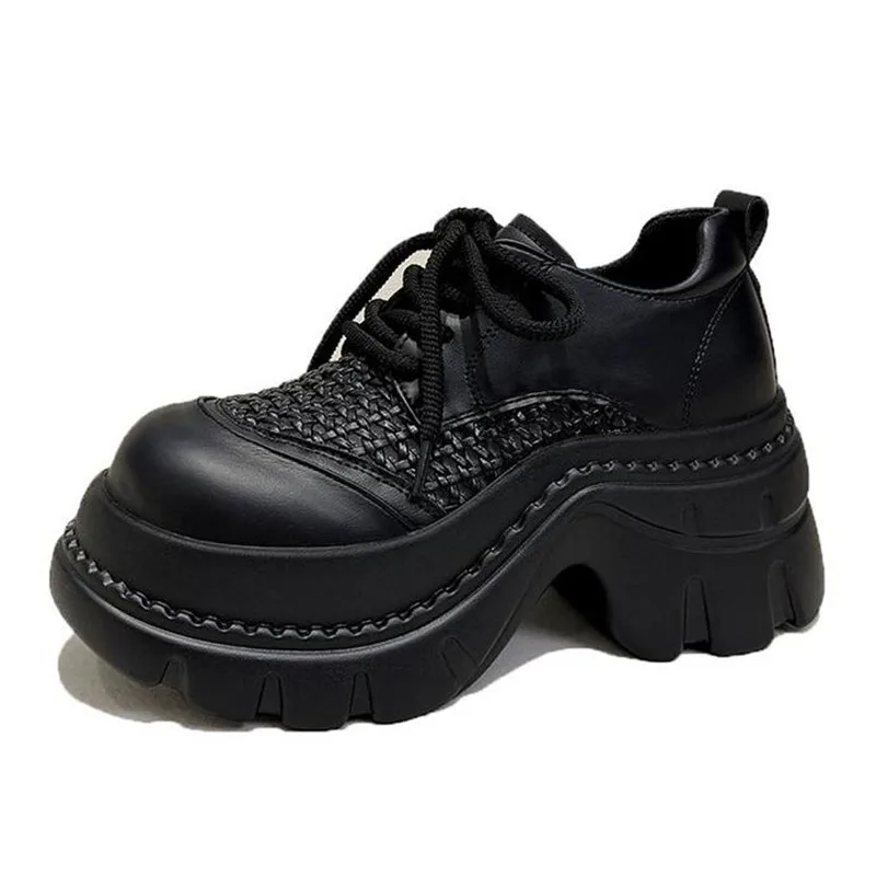 

Women Hollow Out Woven Mesh 8cm Platform Chunky Sneakers Lace Up Height Increasing Walking Outdoor Round Toe Casual Dad Shoes