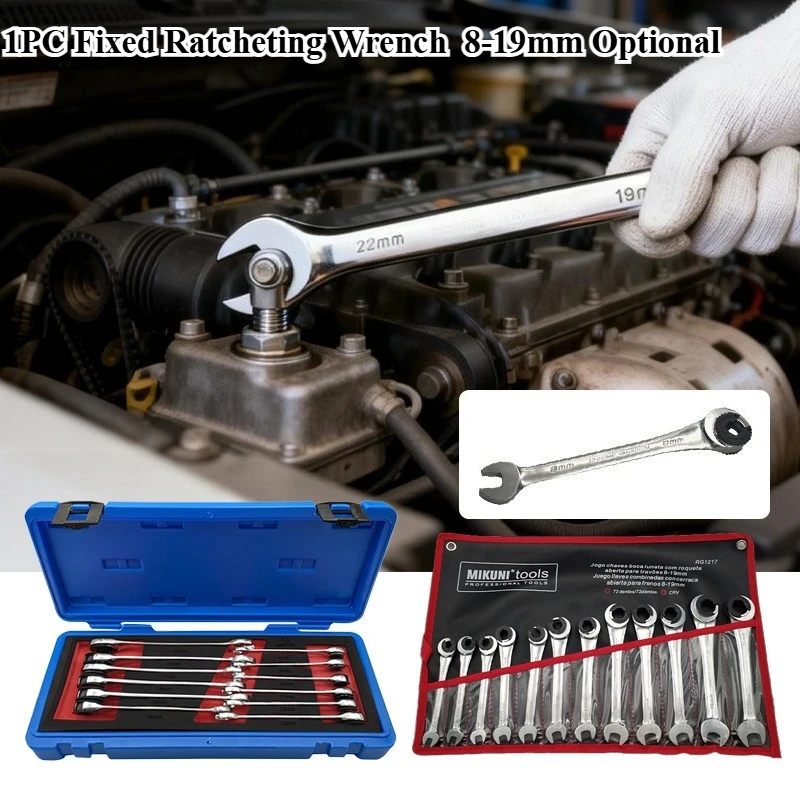 1PC Fixed Ratcheting Wrench Metric Ratcheting Spanner with 72 Teeth Chrome Vanadium Steel Tubing Ratchet Spanner 8-19mm Optional