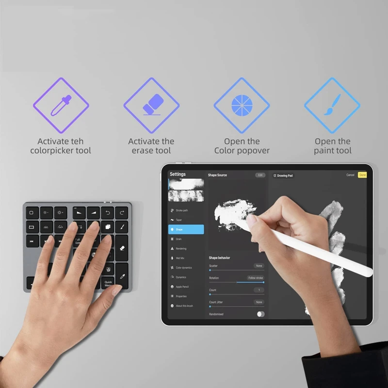 Imagem -05 - Teclado Bluetooth com Backlit Procreate Teclado Recarregável Atalhos de Desenho para Ipad Tablets Gráficos Number Pad Fácil de Instalar