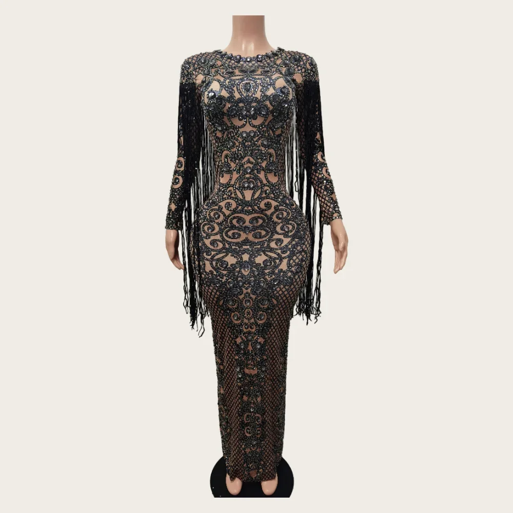 

Luxury Long Sleeves Tassel Sequin Stage Gowns Rhinestone Fashion Birthday Party Evening Dress Sexy Women Bodycon Club Prom Dress