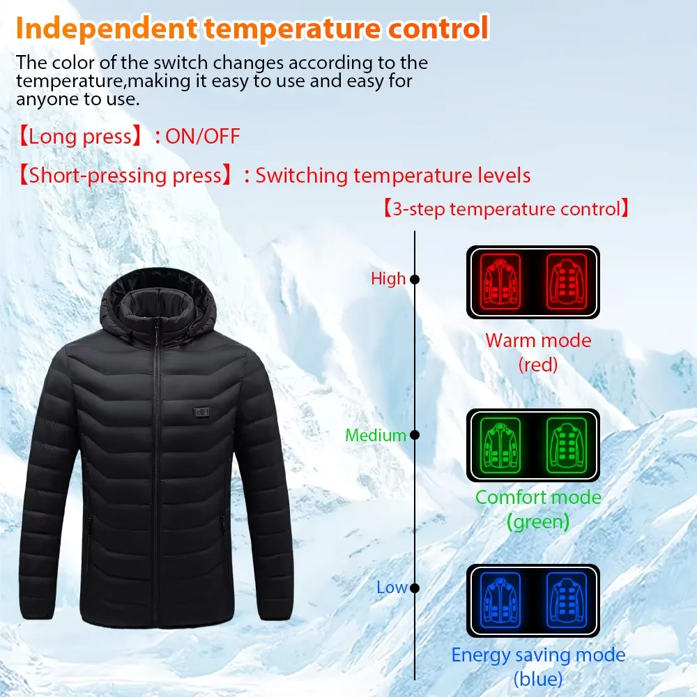 19 منطقة سترة ساخنة الرجال USB الشتاء في الهواء الطلق التدفئة الكهربائية الملابس 4-سرعة التحكم في درجة الحرارة الدافئة مقنعين معطف فوقي #5
