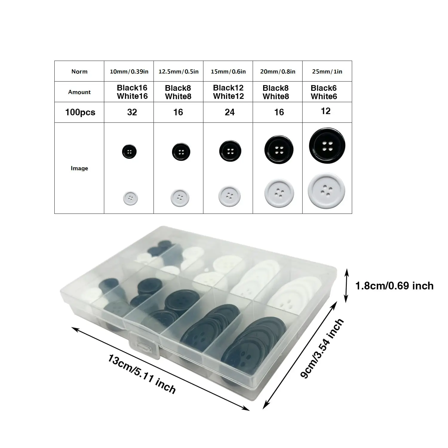 100Pcs Black Sewing Button,4-Hole Craft Buttons, 5 Sizes,with Compartment Storage Box, Suitable for Sewing,Clothes,