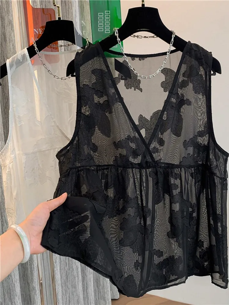 Faionable Embroidered V-Ne Ladies Vest Top Summer Outerwear Oversize Svel Cover up Cotton Polyester Blend