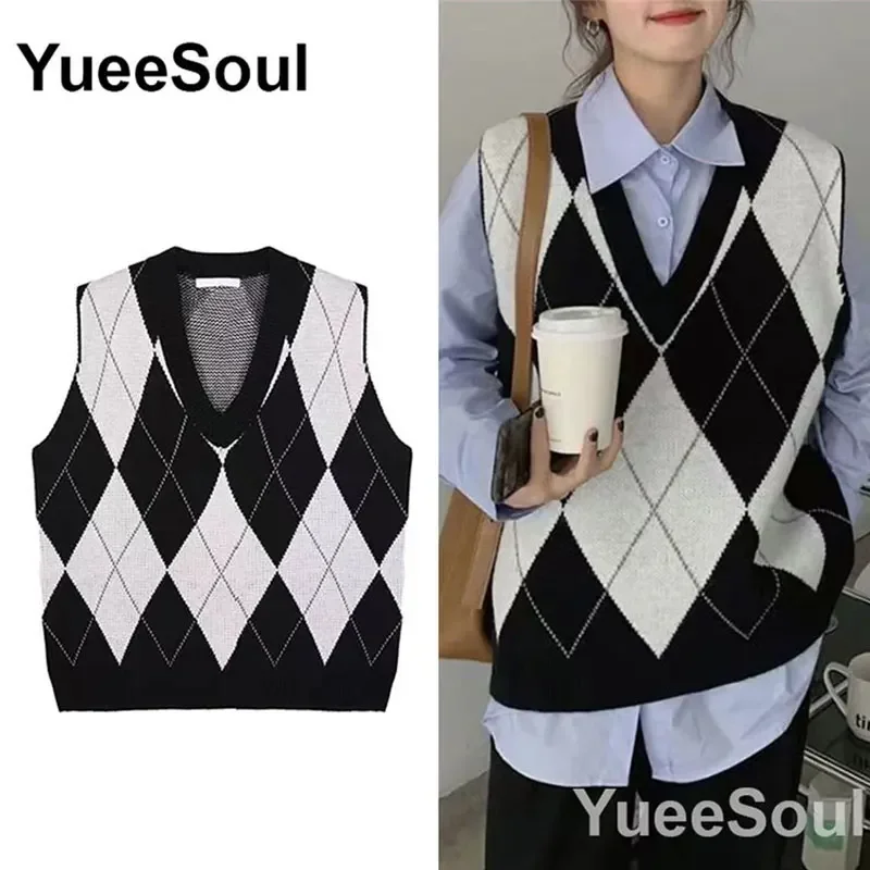 Preppy Style Argyle Women maglione gilet senza maniche con scollo a V gilet lavorato a maglia oversize 2023 New Y2K Vintage High Street maglieria