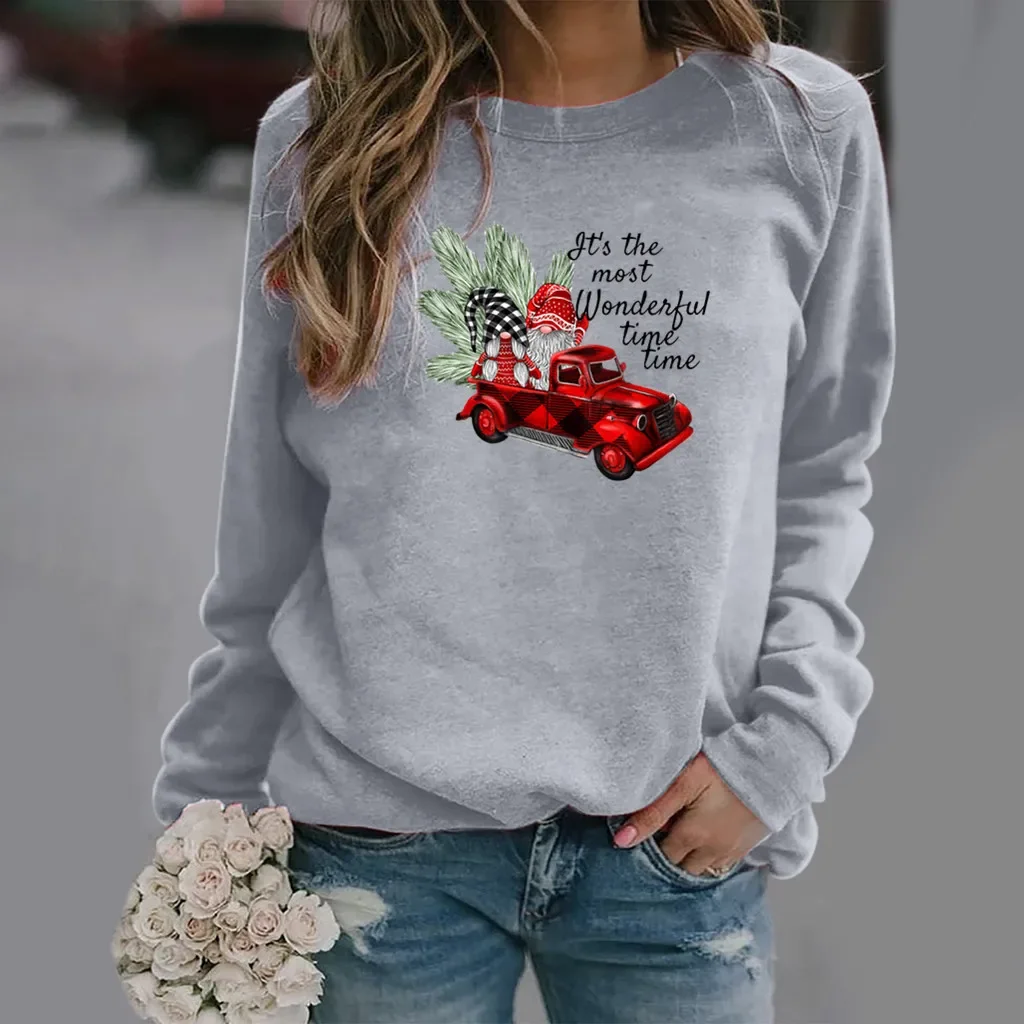 Christmas Print Long-sleeved Crew-neck Hoodie Lady Sweatshirt Aesthetic Clothes Streetwear Women