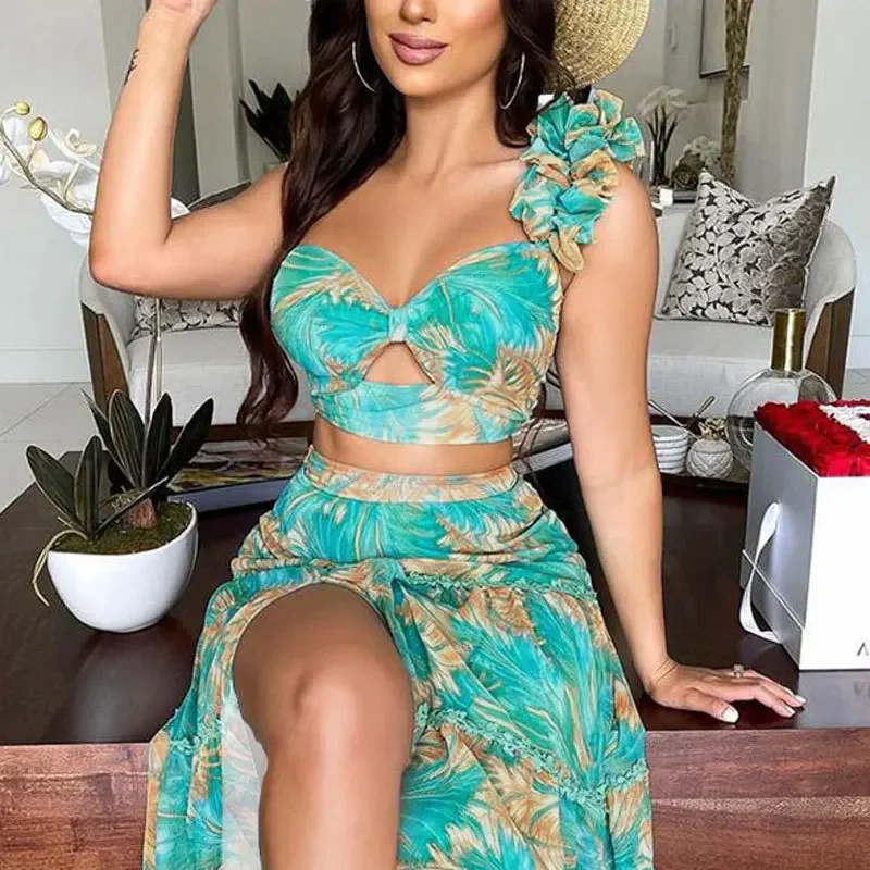 2024 المرأة قطعتين بحر أنيقة الكشكشة كم فساتين الشاطئ ورقة طباعة الأبيض فستان طويل عالية الخصر Bodycon Vestidos