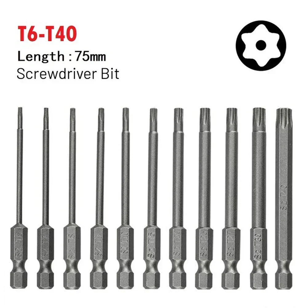 1 peça 75mm de comprimento T6-T40 conjunto de bits de chave de fenda torx magnética cabeça de chave de fenda elétrica t6, t7, t8, t10, t15, t20, t25, t27, t30, t40