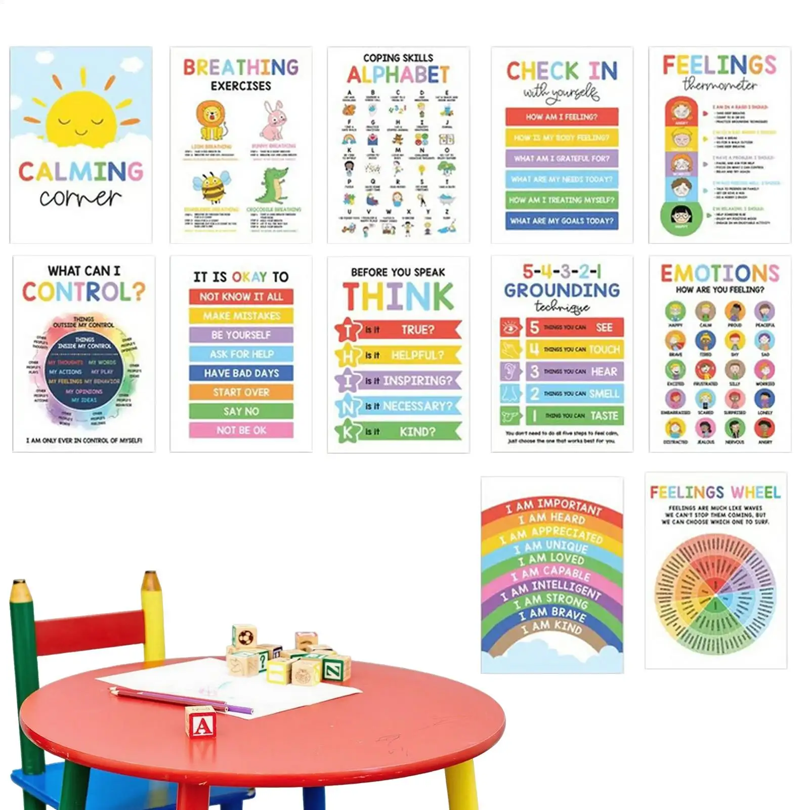 Calming Corner Posters 12-Piece Set | Mental Health Emotions Chart Wall Art for Classroom Library Preschool Homeschool Students