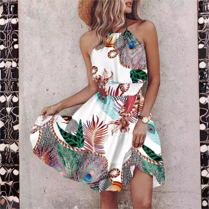 Minivestido con estampado Floral de verano para mujer, vestidos cortos sexis con cuello Halter para mujer, vestido informal sin mangas para vacaciones en la playa, estilo bohemio para mujer