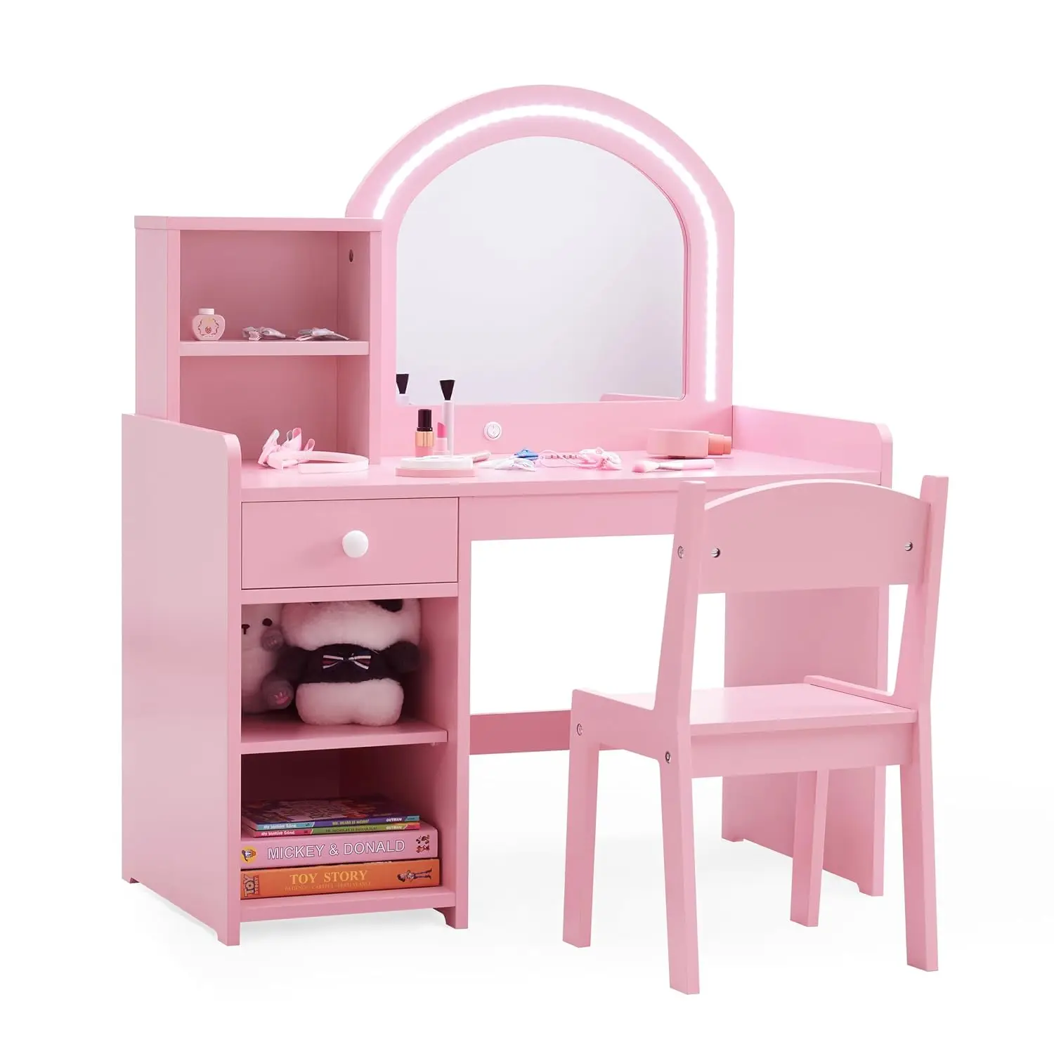 Kids Vanity Set with Drawer & Lighted Mirror, 2 in 1 Toddler Makeup Desk with Stool & Storage for Girls, Pink, Customized
