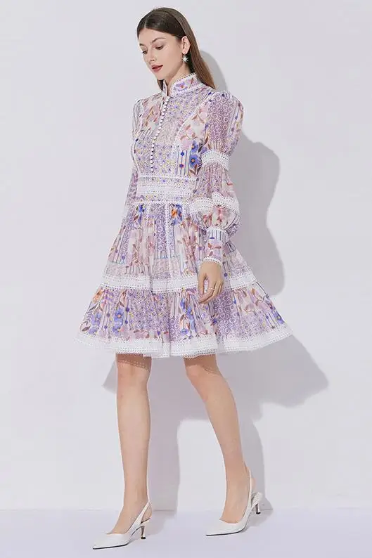 Robe française élégante en dentelle pour femmes, en mousseline de soie, épissure imprimée, taille lanternes, manches lanternes, Style dame, col haut, 2025