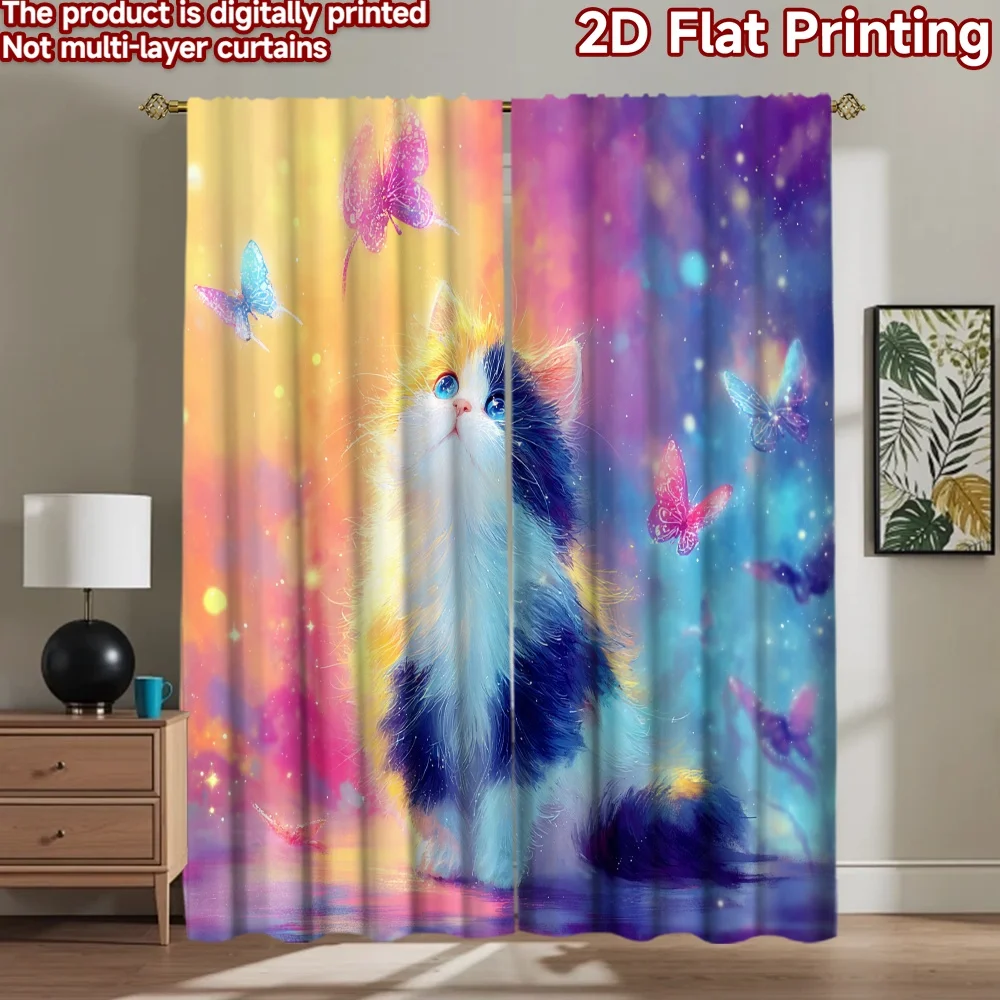 

2D flat printing 2pcs Scene Curtain Cute Cat Butterflies Dreamy Fantasy Digital Printed Polyester Drapes Birthday Party Perfect