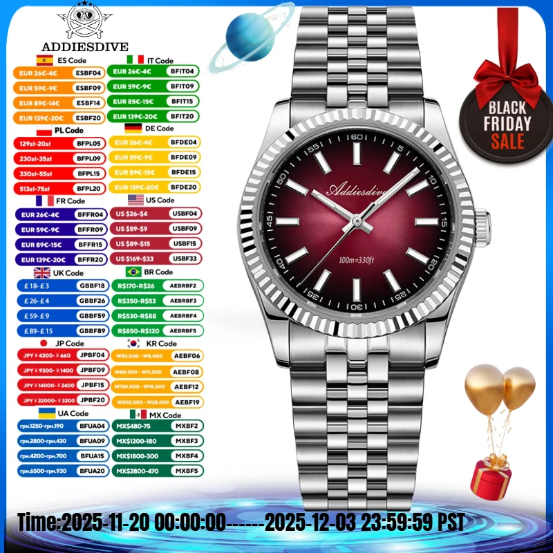 ADDIESDIVE 36mm Orologio da uomo Jubilee Strap 10Bar Diving VH31 BGW9 Luminoso acciaio inossidabile 316L Orologio al quarzo con cristallo di zaffiro