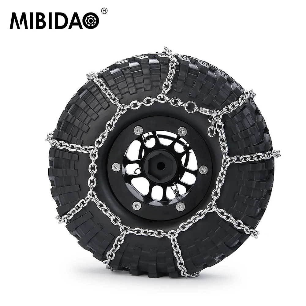 MIBIDAO 4 szt. Metalowe Łańcuchy Śniegowe na Koła Antypoślizgowe Łańcuchy Bezpieczeństwa na Śnieg do 1/10 RC Rock Crawler TRX4 TRX6 Axial SCX10 90046 D90