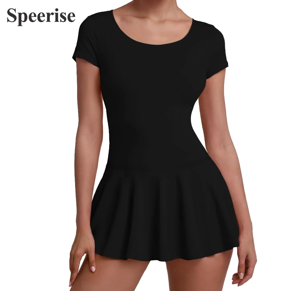 

Speerise Adult Women Short sleeve Ballet Skirted Leotard With Built-in Panty Scoop Neck Unitard Spandex Dance Costume Bodysuit