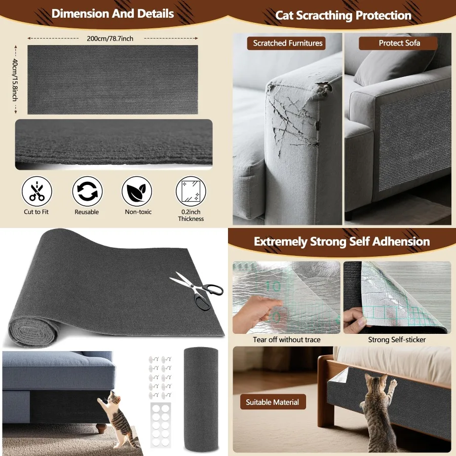 78.7x15.8 ذاتية اللصق القط خدش حصيرة الوسادة DIY بها بنفسك استبدال السجاد على الأشجار الجدران سرير الأبواب والأرائك رمادي داكن حماية #1