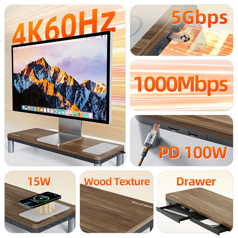 Подставка для монитора CABLETIME с USB-C-концентратором, док-станция 9 в 1, HDMI, 4K60 Гц, PD100W, RJ45, беспроводная зарядка для Macbook, ПК, ноутбука, настольный держатель
