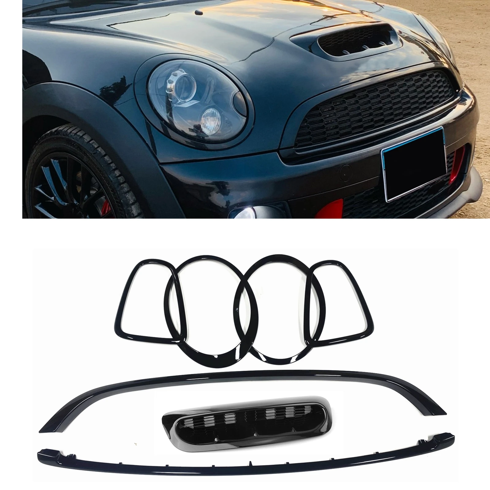 

Headlight & Taillight Trim Cover + Grille Frame Trim + Air Vent Bonnet Scoop For Mini Cooper S R55 R56 R57 R58 R59 JCW 2007-2014