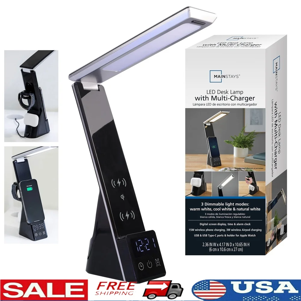 

5-в-1 светодиодная настольная лампа с регулируемой яркостью, беспроводная зарядка, складной шарнир, регулируемая яркость, будильник, порт USB типа C