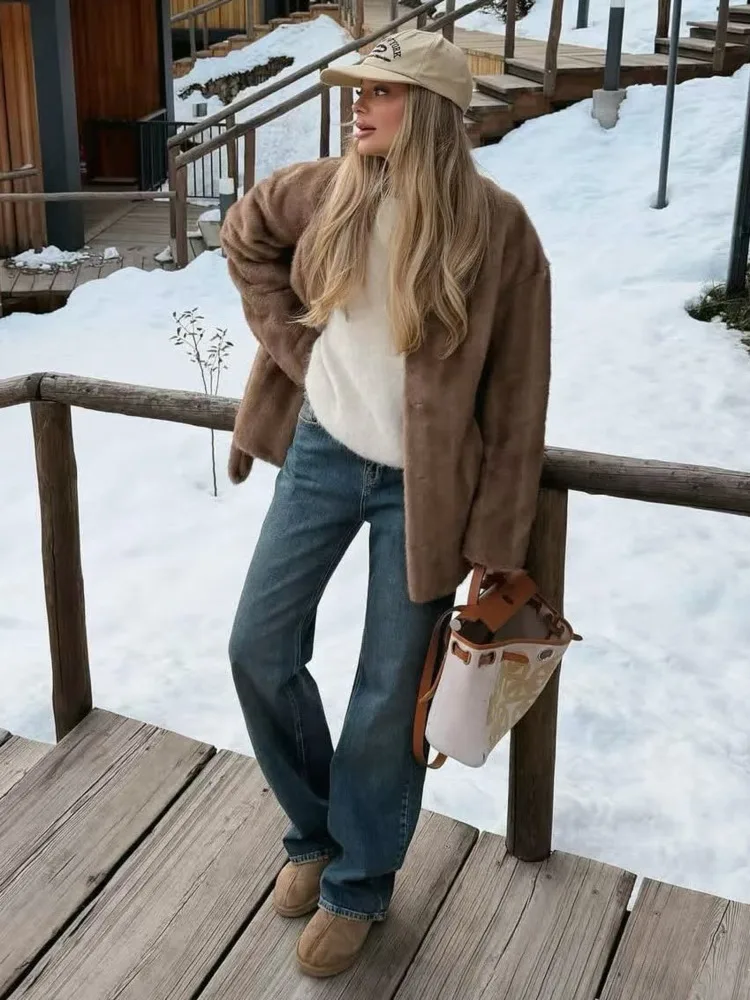 DFDG 2025 冬 レディース リラックスフィット エコファーコート Vネック タイベルト シアリングジャケット ノンパフィー 高級デザイナーアウターコート