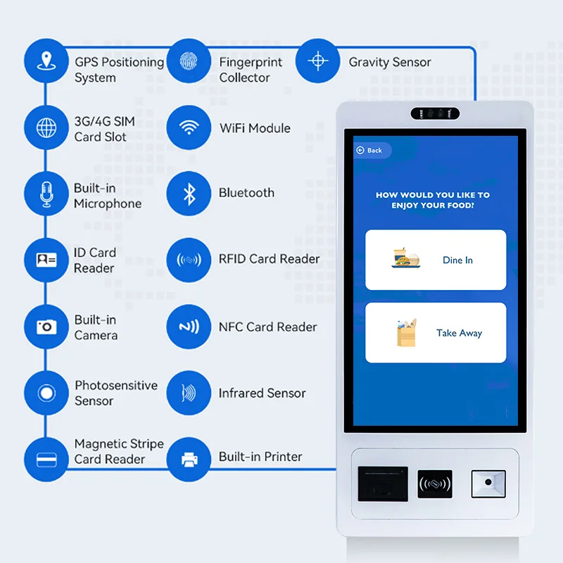 ตู้คีออสก์ระบบสัมผัสหน้าจอ Android ขนาด 21.5 23.8 27 32 นิ้ว พร้อมลำโพงในตัว รองรับ Wifi สองระบบ ระบบชำระเงินในตัว บริการตนเอง