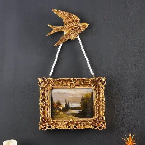 1/3 pièces, cadre photo à motif tridimensionnel en or européen avec chaîne de perles et décoration en forme d'hirondelle volante dorée