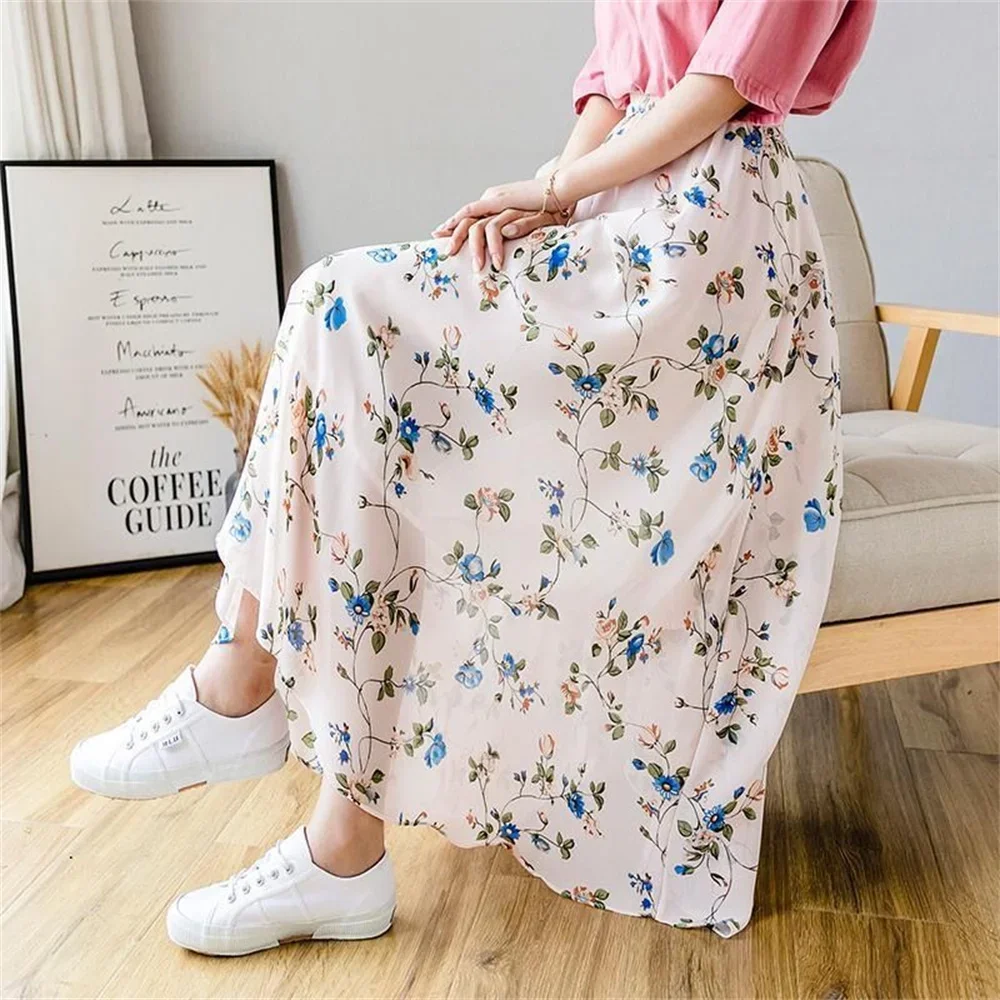 

Floral Printing Women Skirt Korean Style Female Clothing Summer 2024 New Arrival Elastic High-waisted Skirt Chiffon Long Skirts