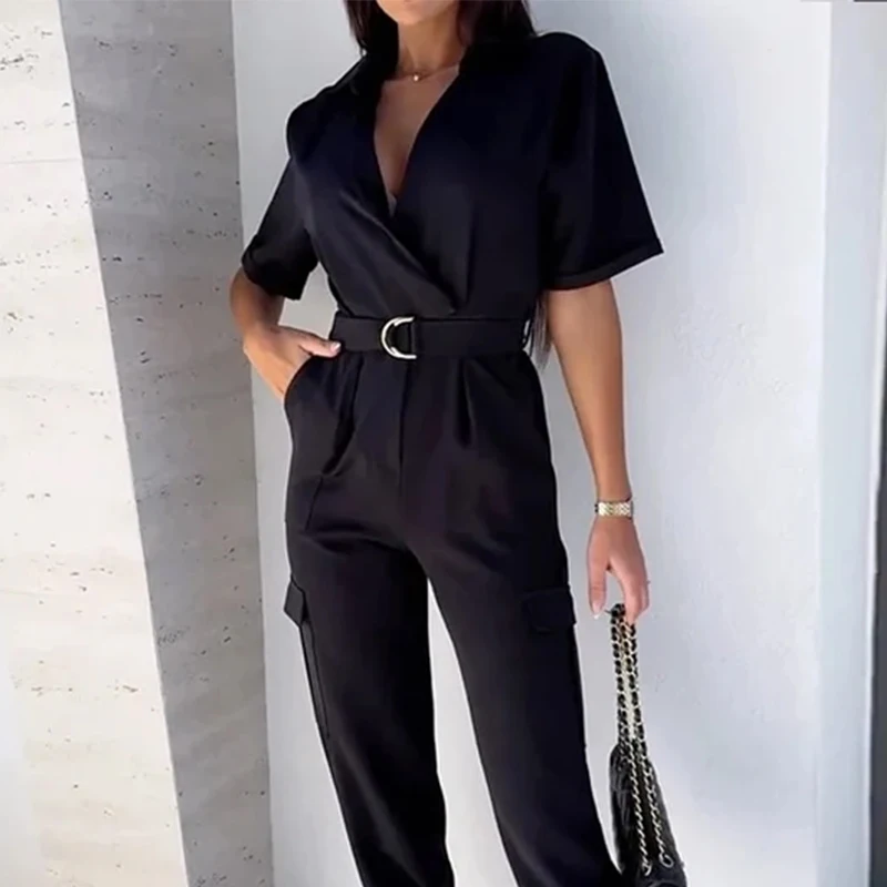 Wefads Women Jumpsuit Summer Casual Solid V Neck Short Sleeve Lapel With Belt Top With Pockets Pants Rompers Streetwear